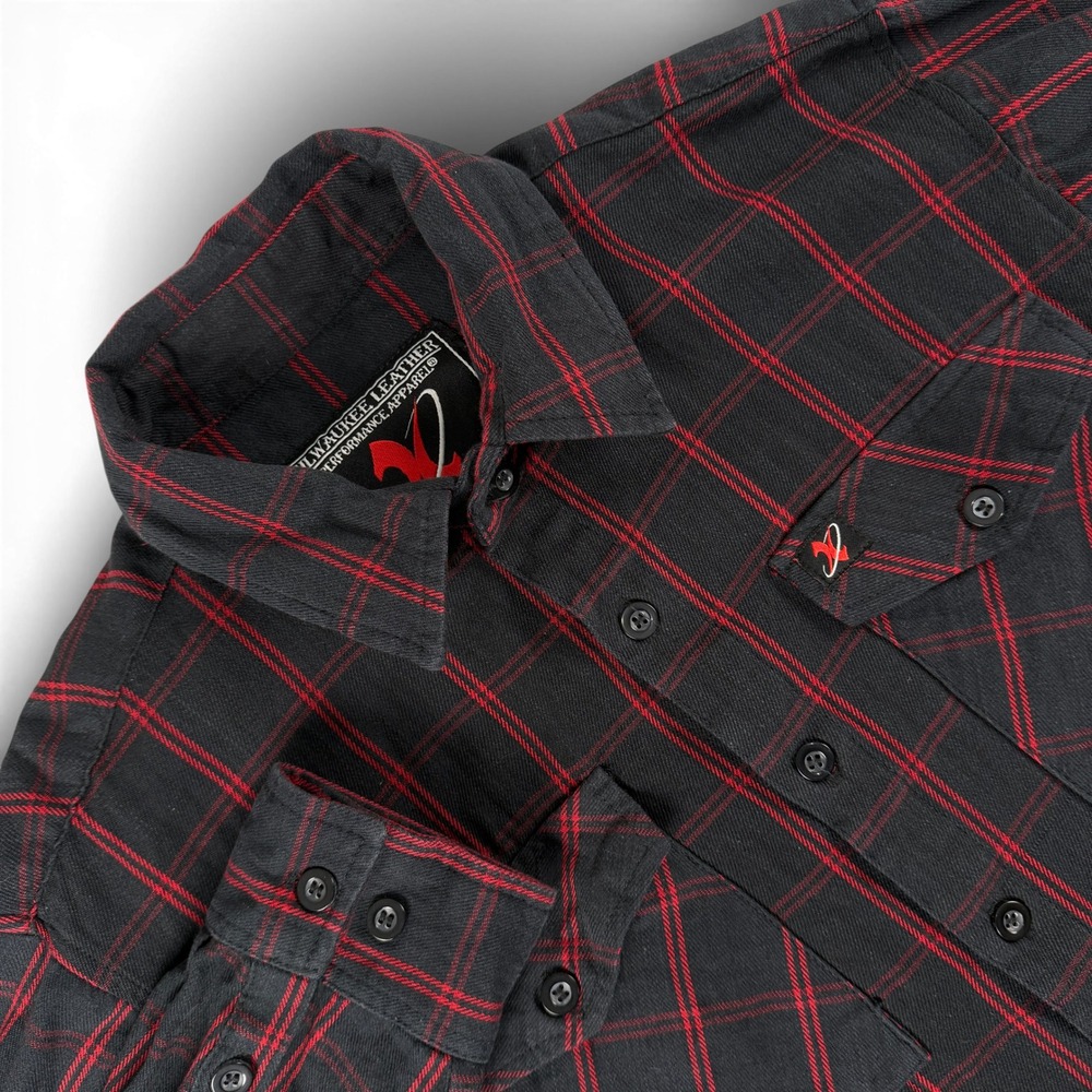 Milwaukee Leather Shirt Mens XL Black Red Plaid Biker‎ Long Sleeve Button Down